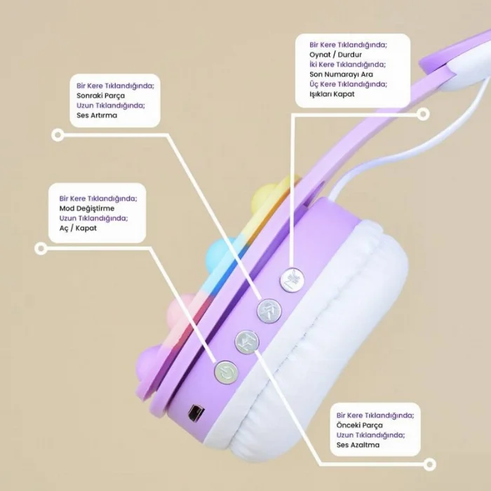 Zore B30 RGB Led Işıklı Kedi Kulağı Band Tasarımı Ayarlanabilir Katlanabilir Kulak Üstü Bluetooth Kulaklık - Pembe