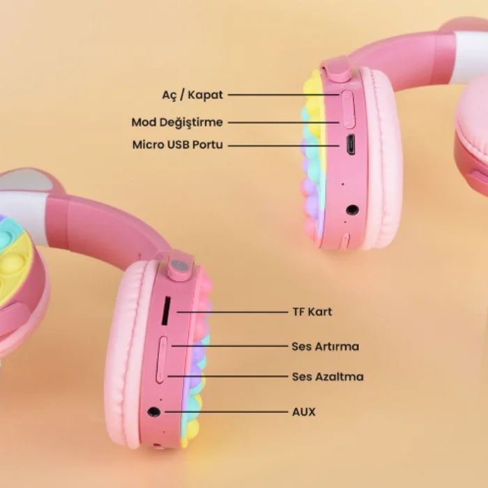 Zore CXT-950 RGB Led Işıklı Kedi Kulağı Band Tasarımı Ayarlanabilir Katlanabilir Kulak Üstü Bluetooth Kulaklık - Kırmızı