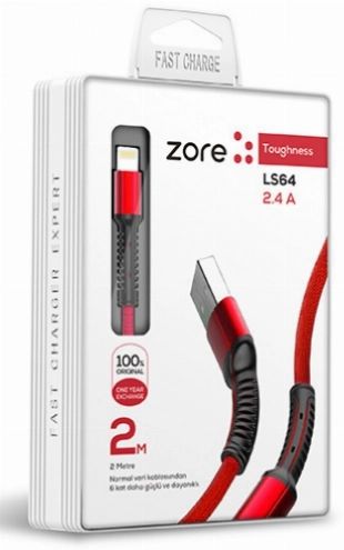 Zore LS64 Lightning USB Hızlı Şarj Data Kablosu 2m - Kırmızı