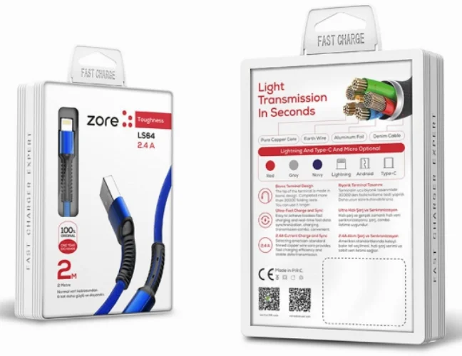 Zore LS64 Lightning USB Hızlı Şarj Data Kablosu 2m - Mavi