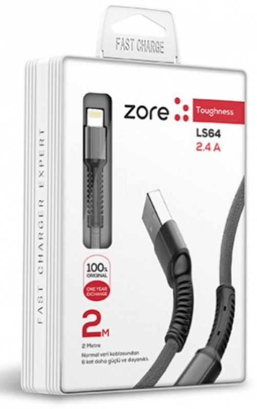 Zore LS64 Lightning USB Hızlı Şarj Data Kablosu 2m - Siyah