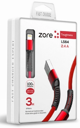 Zore LS65 Lightning USB Hızlı Şarj Data Kablosu 3m - Kırmızı