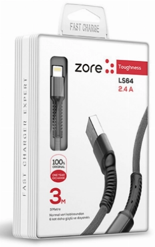 Zore LS65 Lightning USB Hızlı Şarj Data Kablosu 3m - Siyah