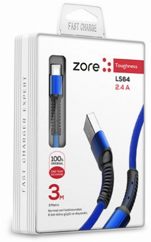 Zore LS65 Micro USB Hızlı Şarj Data Kablosu 3m - Mavi