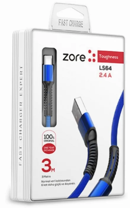 Zore LS65 Type-C USB Hızlı Şarj Data Kablosu 3m - Mavi
