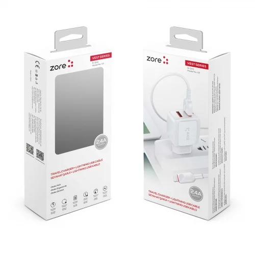 Zore Vest Serisi V2 Apple Lightning 2 in 1 Hızlı Şarj Seti 2.4A/12w - Beyaz