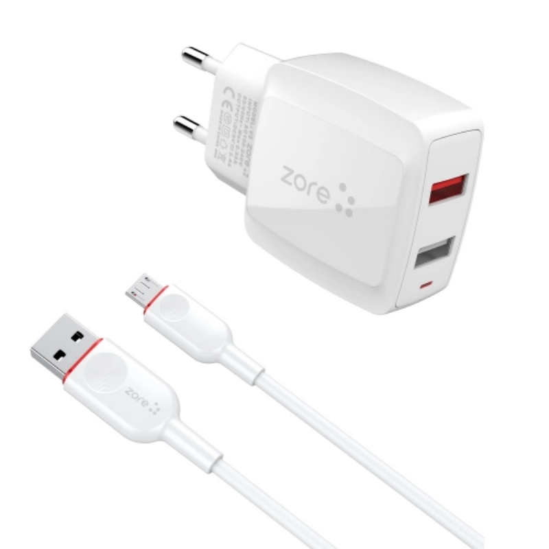 Zore Vest Serisi V2 Micro-USB 2 in 1 Hızlı Şarj Seti 2.4A/12w - Beyaz