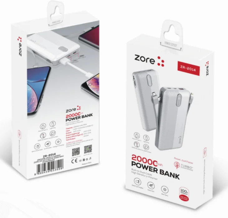 Zore Zr-2014 20000 mAh Powerbank Lightning Micro-USB Type-C Dahili Kablo - Beyaz